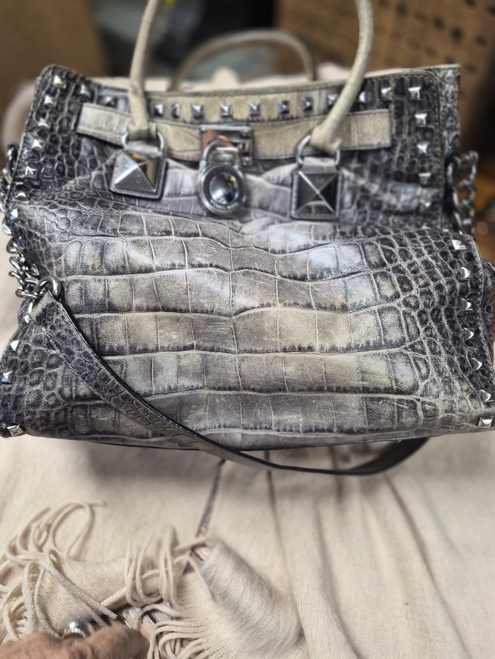 Michael Kors Croc-Embossed Studded Shoulder Bag in Gray